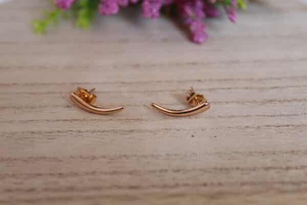 Aretes en forma de lagrima expuestos en una mesa con una flor de fondo