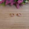 aretes_encanto Aretes hechos en oro golfi con perlas brillantes expuestos en una mesa con una flor de fondo