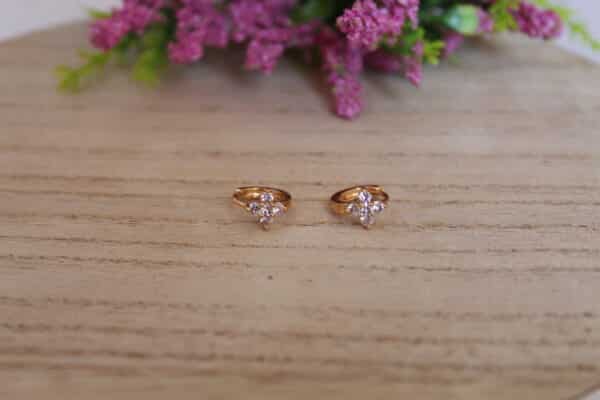 aretes_encanto Aretes hechos en oro golfi con perlas brillantes expuestos en una mesa con una flor de fondo